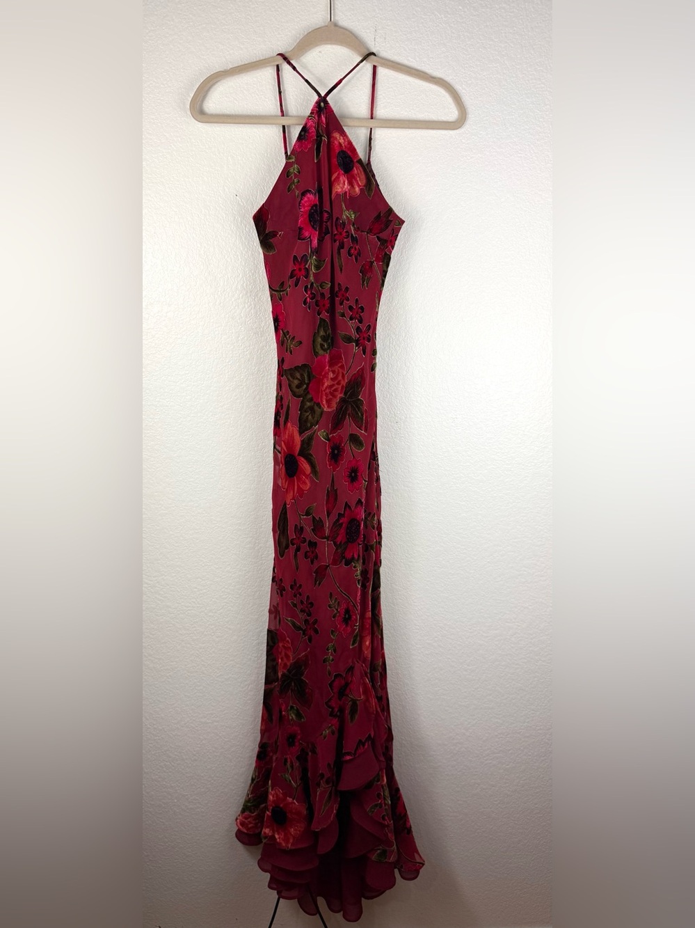 Morgan and Co. Y2K-era floral burnout velvet halter maxi dress size 4